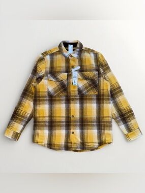 Men’s M Flannel Dress Long Sleeve Shirt Jacket Yellow Black Plaid Button Up New